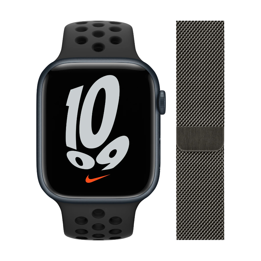 Apple Watch Nike Series 7 45mm Middernacht Zwart Bandje + Polsband Milanees  Grafiet - Hardloop Horloge.com